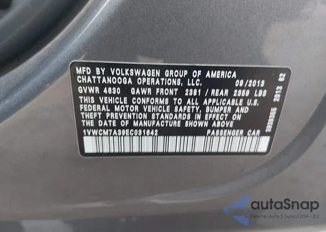 2014 Volkswagen Passat 3.6L V6 Sel Premium from USA, damaged, VIN 1VWCM7A39EC031642